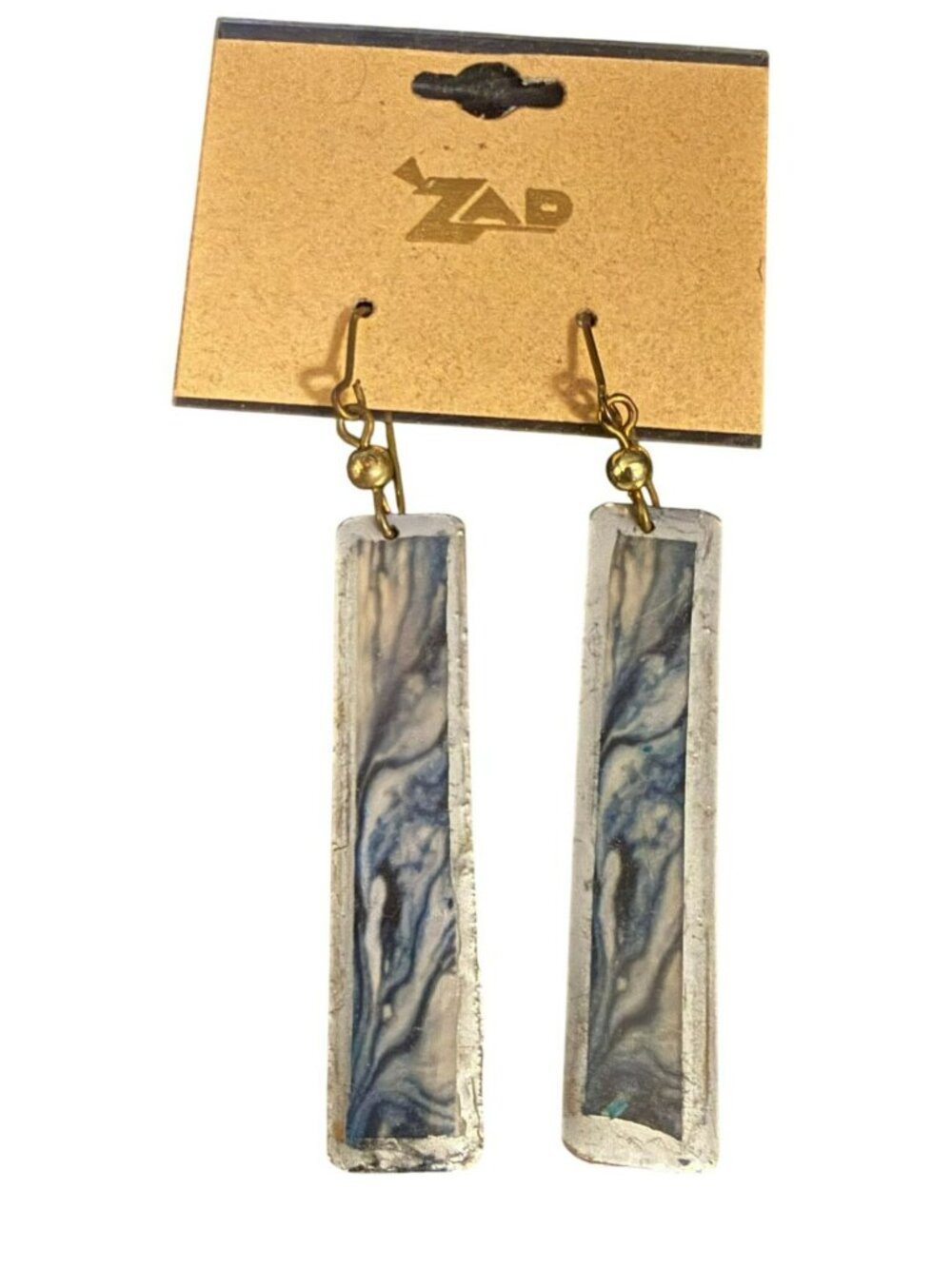 Modernist Zad Gold and Silver Tone Blue Marbled Dangle Earrings 2-Inch Drop